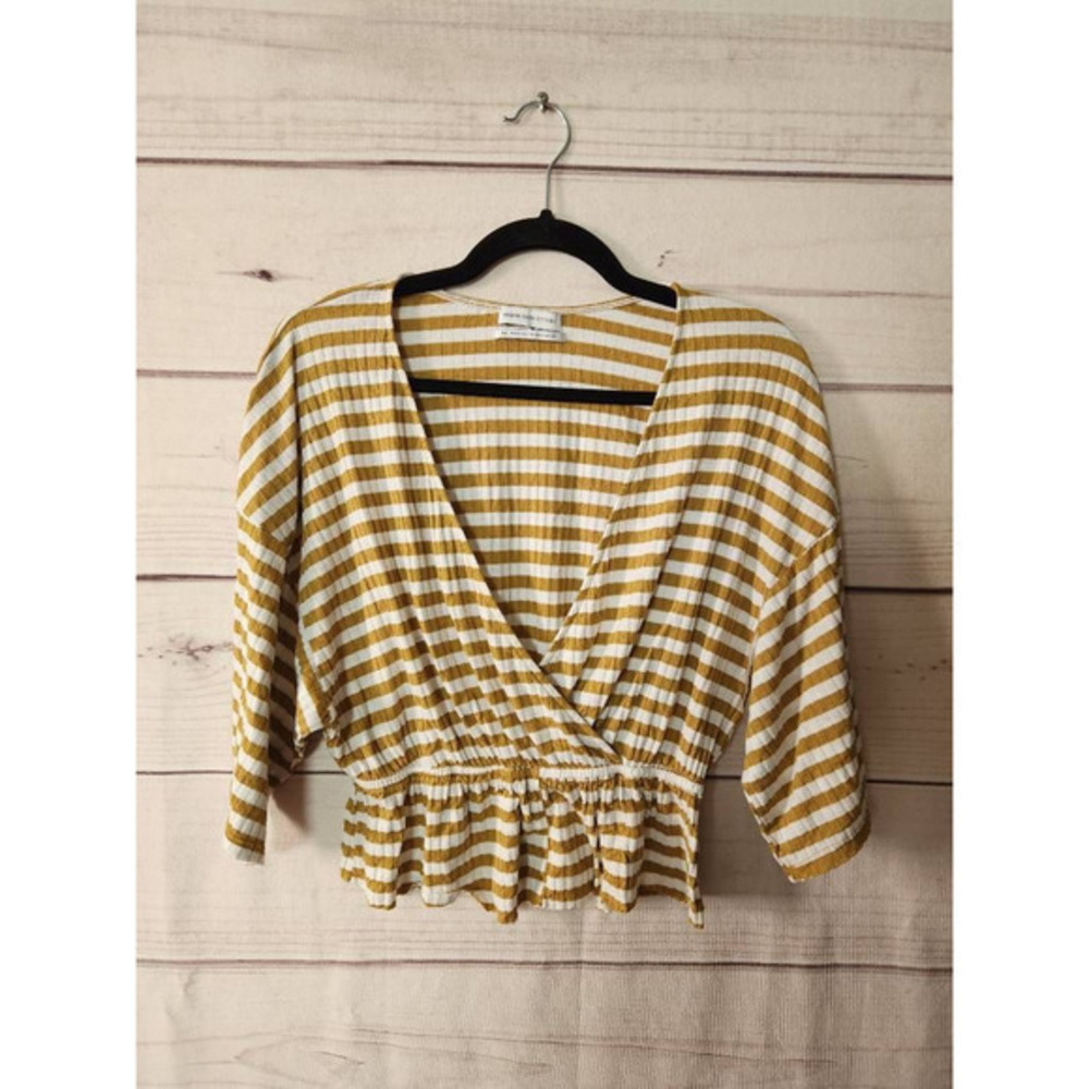 Urban Outfitters Womens Faux Wrap Top Brown Stripe 3/4 Sleeve Elastic Waist M